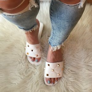 Spiked White Quilted Square Toe Sandals
